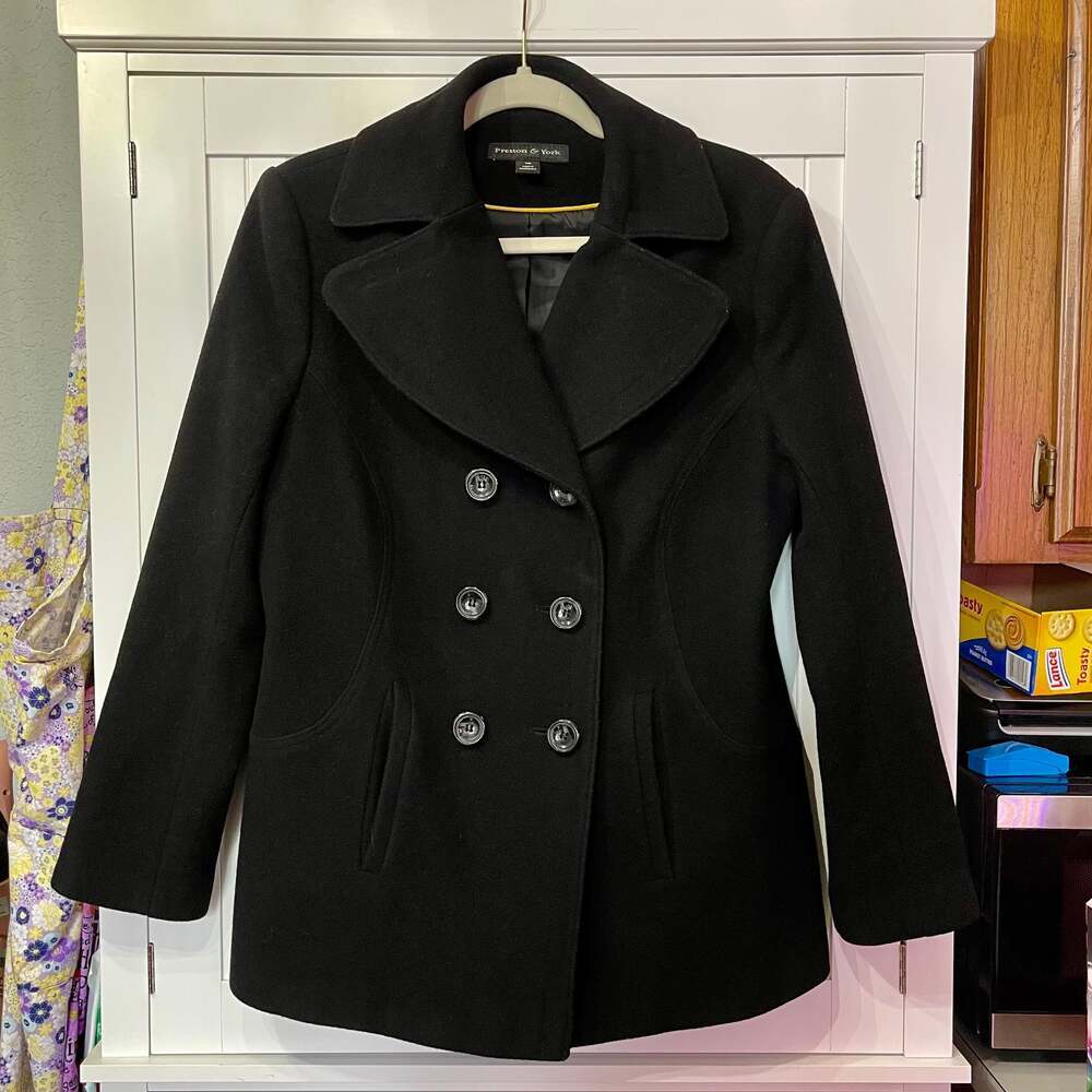 Preston & York Women's Classic Black Double Breasted Wool Blend Peacoat